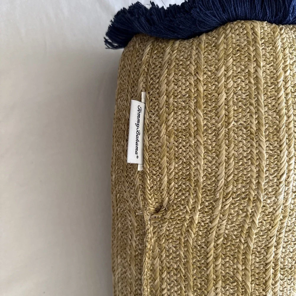 Tommy Bahama Straw Bolster Pillow 20x8.5 Tropical Navy Fringe Tan Decorative